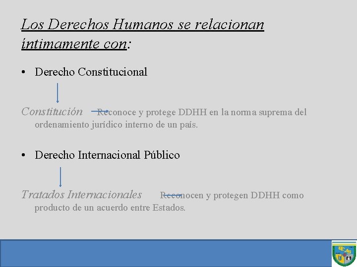 Los Derechos Humanos se relacionan íntimamente con: • Derecho Constitucional Constitución Reconoce y protege