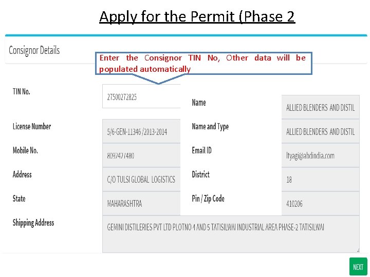 Apply for the Permit (Phase 2 Enter the Consignor TIN No, Other data will