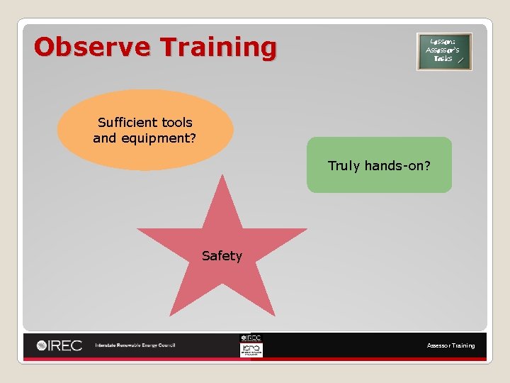 Observe Training Lesson: Assessor’s Tasks Sufficient tools and equipment? Truly hands-on? Safety Assessor Training