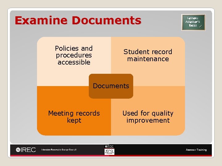 Examine Documents Policies and procedures accessible Lesson: Assessor’s Tasks Student record maintenance Documents Meeting