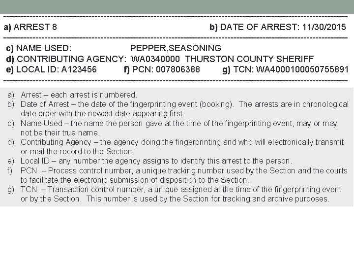 ----------------------------------------------------------a) ARREST 8 b) DATE OF ARREST: 11/30/2015 ----------------------------------------------------------c) NAME USED: PEPPER, SEASONING d)