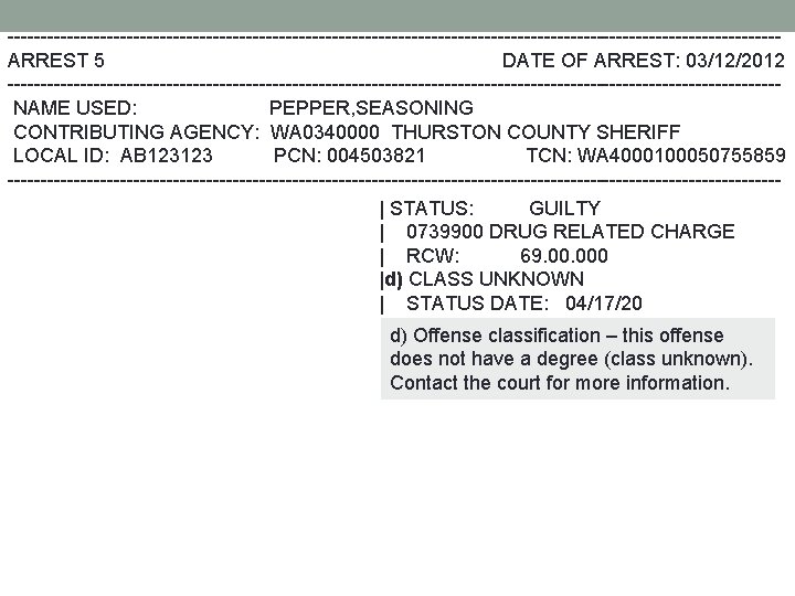 ----------------------------------------------------------ARREST 5 DATE OF ARREST: 03/12/2012 ---------------------------------------------------------- NAME USED: PEPPER, SEASONING CONTRIBUTING AGENCY: WA