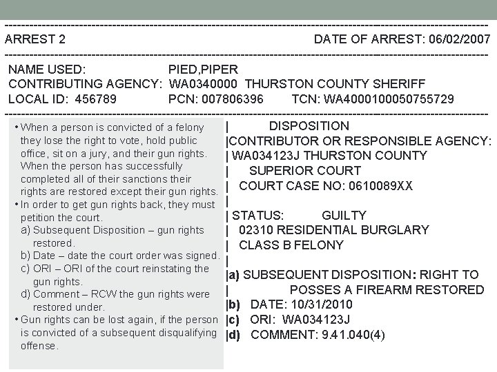 ----------------------------------------------------------ARREST 2 DATE OF ARREST: 06/02/2007 ---------------------------------------------------------- NAME USED: PIED, PIPER CONTRIBUTING AGENCY: WA