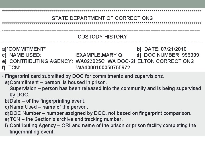 ************************************************** STATE DEPARTMENT OF CORRECTIONS ************************************************** ----------------------------------------------------------CUSTODY HISTORY ----------------------------------------------------------a)*COMMITMENT* b) DATE: 07/21/2010 c) NAME