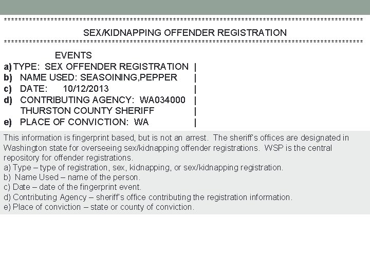 ************************************************** SEX/KIDNAPPING OFFENDER REGISTRATION ************************************************** EVENTS a)TYPE: SEX OFFENDER REGISTRATION | b) NAME USED: