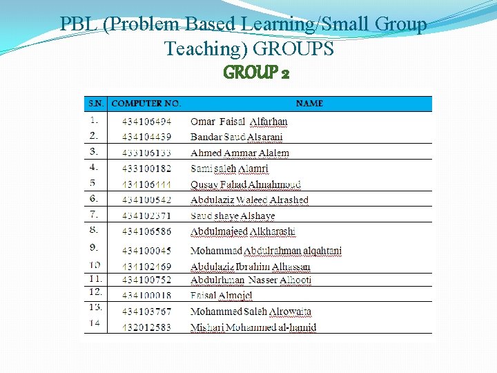 PBL (Problem Based Learning/Small Group Teaching) GROUPS GROUP 2 