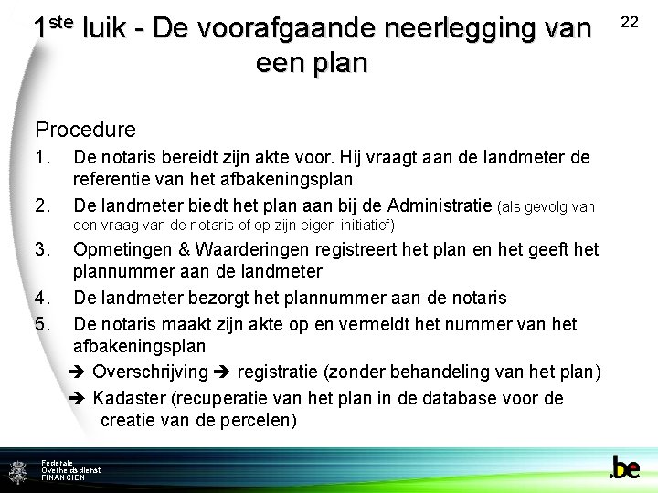 1 ste luik - De voorafgaande neerlegging van een plan Procedure 1. 2. De