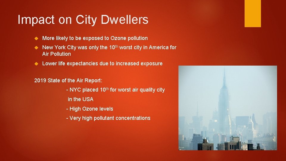 Impact on City Dwellers More likely to be exposed to Ozone pollution New York