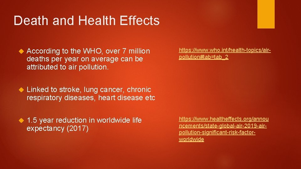 Death and Health Effects According to the WHO, over 7 million deaths per year