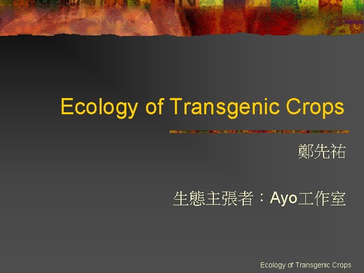 Ecology of Transgenic Crops 鄭先祐 生態主張者：Ayo 作室 Ecology of Transgenic Crops 