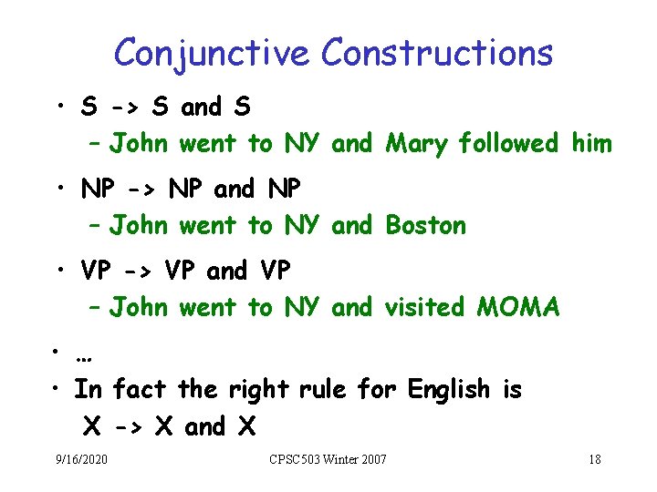 Conjunctive Constructions • S -> S and S – John went to NY and