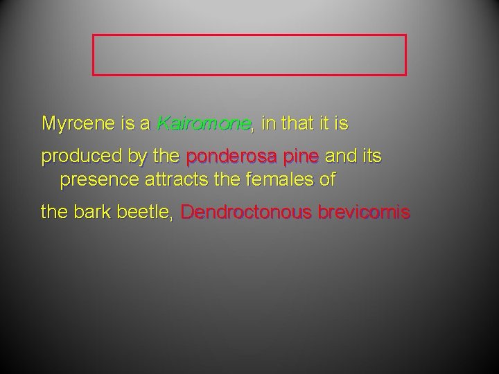 Myrcene is a Kairomone, in that it is produced by the ponderosa pine and Myrcene is a Kairomone, in that it is produced by the ponderosa pine and