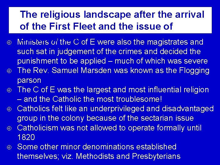  The religious landscape after the arrival of the First Fleet and the issue
