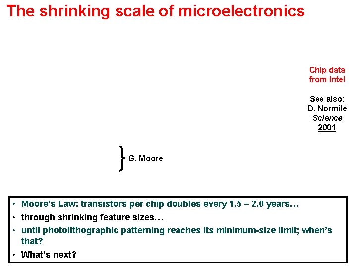 The shrinking scale of microelectronics Chip data from Intel See also: D. Normile Science