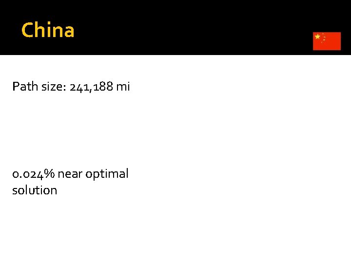 China Path size: 241, 188 mi 0. 024% near optimal solution 