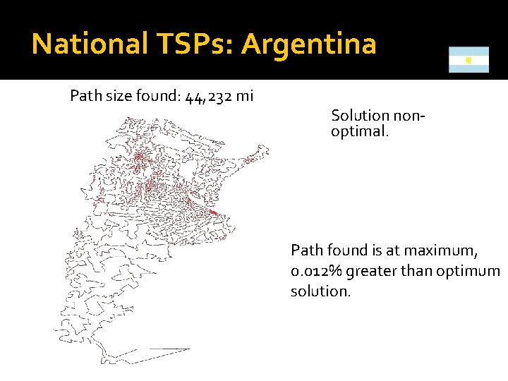 National TSPs: Argentina Path size found: 44, 232 mi Solution nonoptimal. Path found is