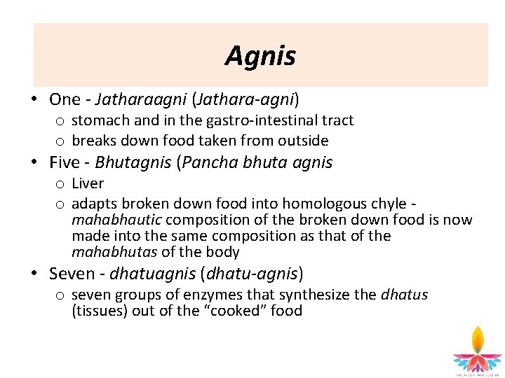 Agnis • One - Jatharaagni (Jathara-agni) o stomach and in the gastro-intestinal tract o