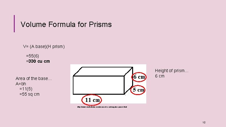 Volume Formula for Prisms V= (A base)(H prism) =55(6) =330 cu cm Height of