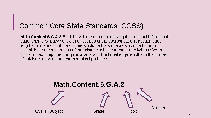 Common Core State Standards (CCSS) Math. Content. 6. G. A. 2 Find the volume