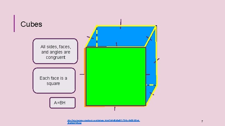 Cubes All sides, faces, and angles are congruent Each face is a square A=BH