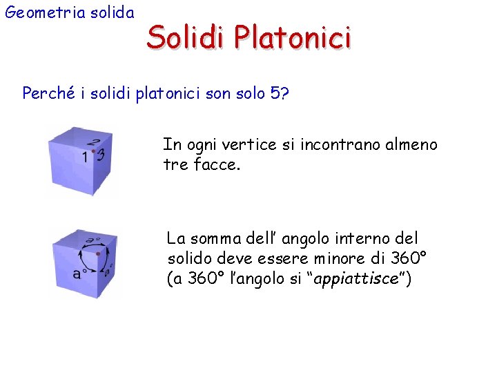 Geometria solida Solidi Platonici Perché i solidi platonici son solo 5? In ogni vertice