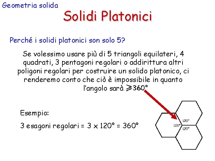 Geometria solida Solidi Platonici Perché i solidi platonici son solo 5? Se volessimo usare