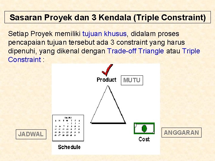 Sasaran Proyek dan 3 Kendala (Triple Constraint) Setiap Proyek memiliki tujuan khusus, didalam proses
