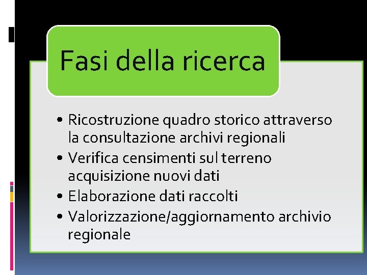 Fasi della ricerca • Ricostruzione quadro storico attraverso la consultazione archivi regionali • Verifica