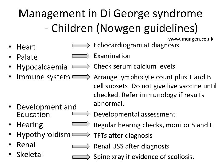 Management in Di George syndrome - Children (Nowgen guidelines) • • Heart Palate Hypocalcaemia