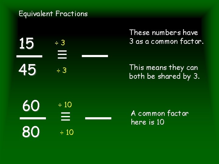 Equivalent Fractions 15 ÷ 3 45 ÷ 3 60 ÷ 10 80 ÷ 10