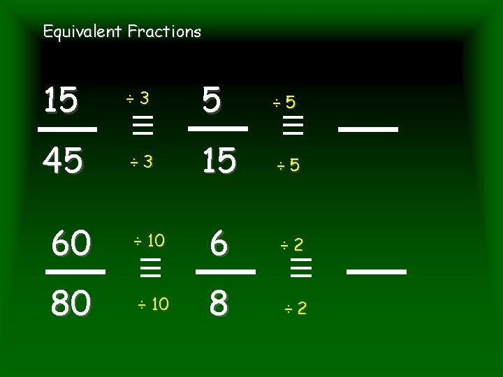 Equivalent Fractions 15 ÷ 3 5 ÷ 5 45 ÷ 3 15 ÷ 5