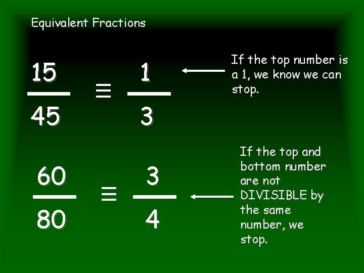 Equivalent Fractions 15 1 45 3 60 3 80 4 If the top number