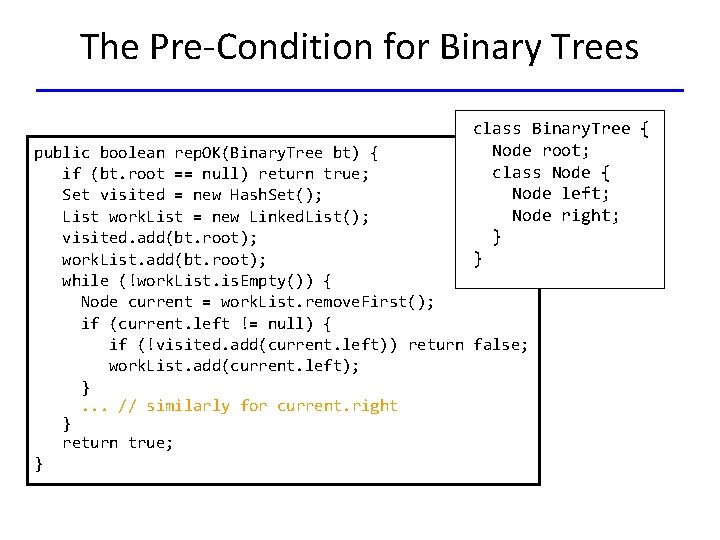 The Pre-Condition for Binary Trees class Binary. Tree { Node root; class Node {
