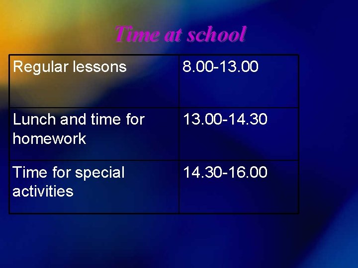 Time at school Regular lessons 8. 00 -13. 00 Lunch and time for homework