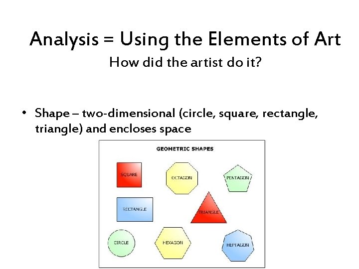 Analysis = Using the Elements of Art How did the artist do it? •