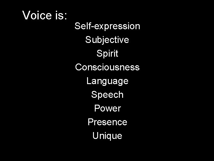 Voice is: Self-expression Subjective Spirit Consciousness Language Speech Power Presence Unique 