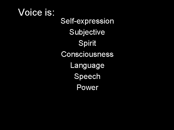 Voice is: Self-expression Subjective Spirit Consciousness Language Speech Power 