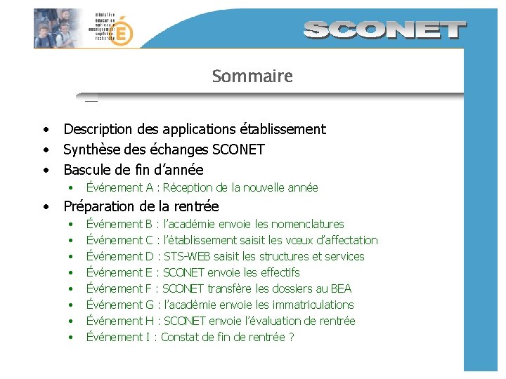 Sommaire • • • Description des applications établissement Synthèse des échanges SCONET Bascule de Sommaire • • • Description des applications établissement Synthèse des échanges SCONET Bascule de