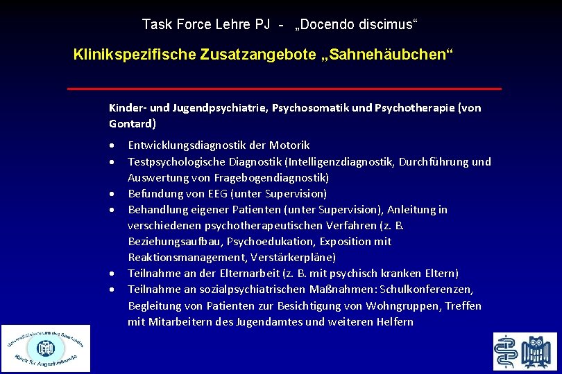 Task Force Lehre PJ - „Docendo discimus“ Klinikspezifische Zusatzangebote „Sahnehäubchen“ Kinder- und Jugendpsychiatrie, Psychosomatik