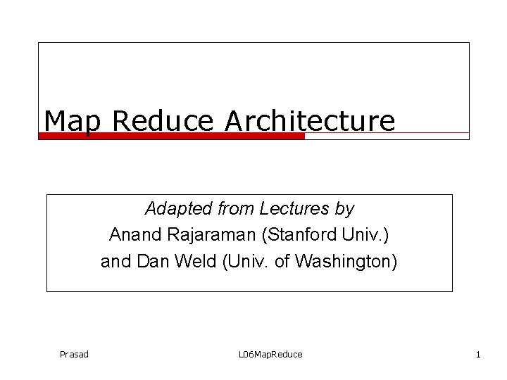 Map Reduce Architecture Adapted from Lectures by Anand Rajaraman (Stanford Univ. ) and Dan