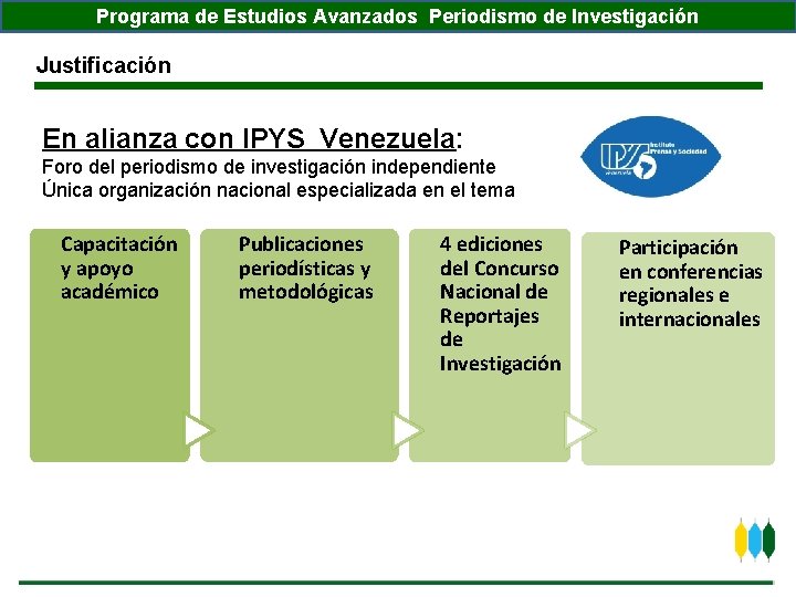 Programa de Estudios Avanzados Periodismo de Investigación Justificación En alianza con IPYS Venezuela: Foro