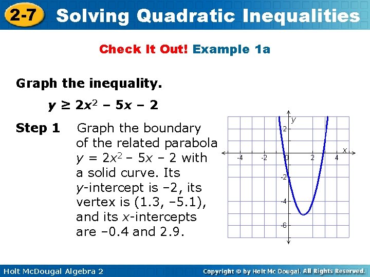 2 -7 Solving Quadratic Inequalities Check It Out! Example 1 a Graph the inequality.
