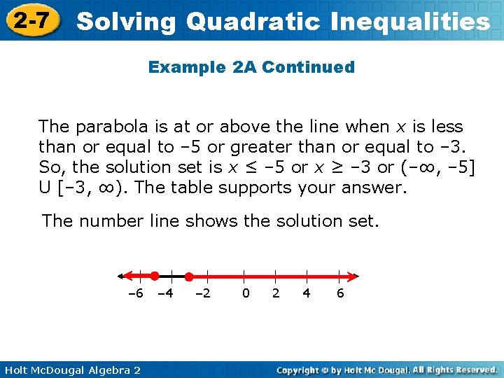 2 -7 Solving Quadratic Inequalities Example 2 A Continued The parabola is at or