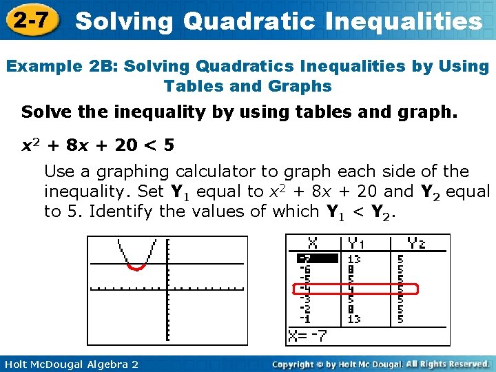 2 -7 Solving Quadratic Inequalities Example 2 B: Solving Quadratics Inequalities by Using Tables