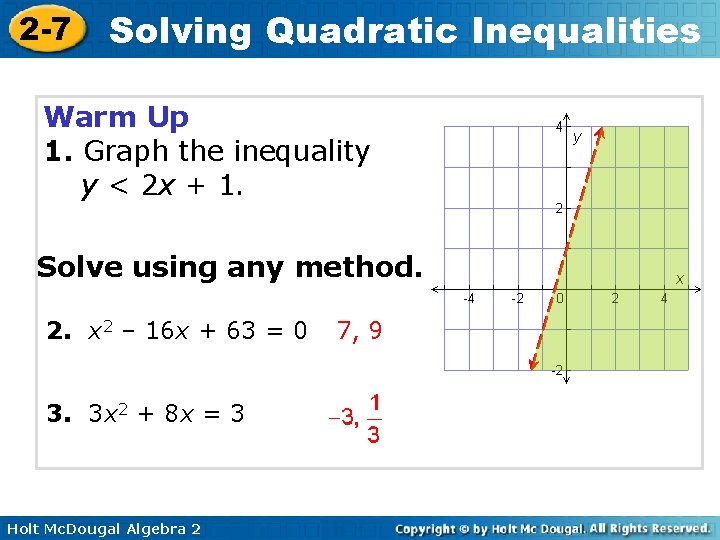 2 -7 Solving Quadratic Inequalities Warm Up 1. Graph the inequality y < 2