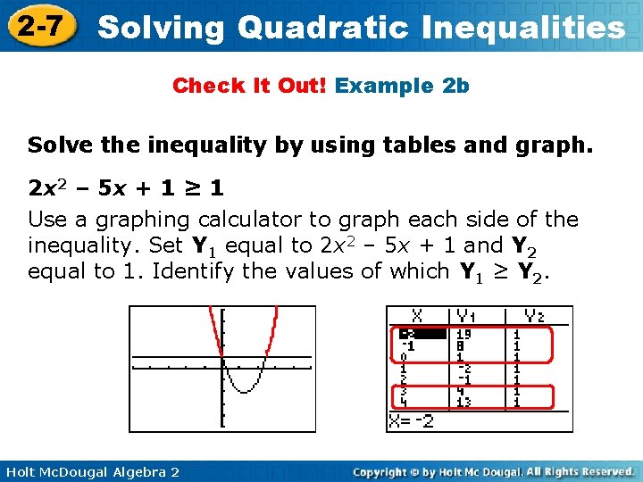 2 -7 Solving Quadratic Inequalities Check It Out! Example 2 b Solve the inequality