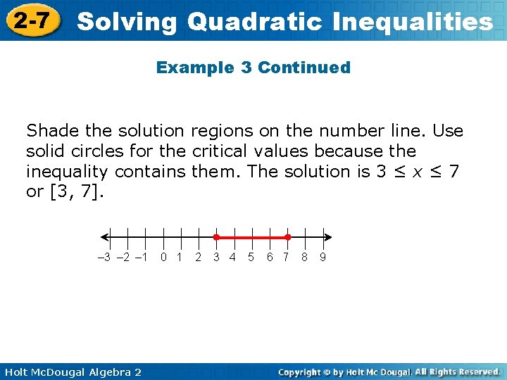 2 -7 Solving Quadratic Inequalities Example 3 Continued Shade the solution regions on the