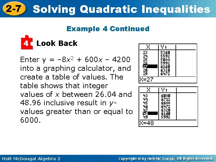 Solving Quadratic Inequalities 2 -7 Example 4 Continued 4 Look Back Enter y =