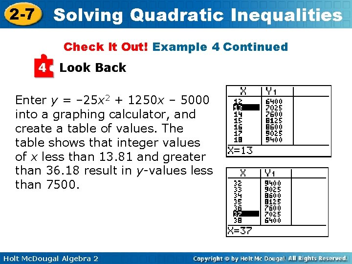 Solving Quadratic Inequalities 2 -7 Check It Out! Example 4 Continued 4 Look Back