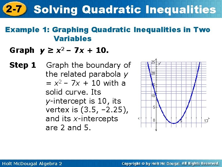 2 -7 Solving Quadratic Inequalities Example 1: Graphing Quadratic Inequalities in Two Variables Graph